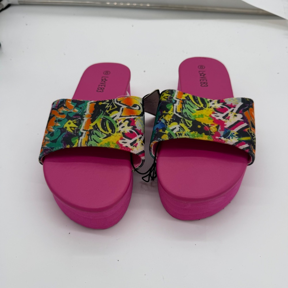 Love83 Womens Fuchsia Pink Graffiti Platform Slide Sandals Size 8 8054P-AST